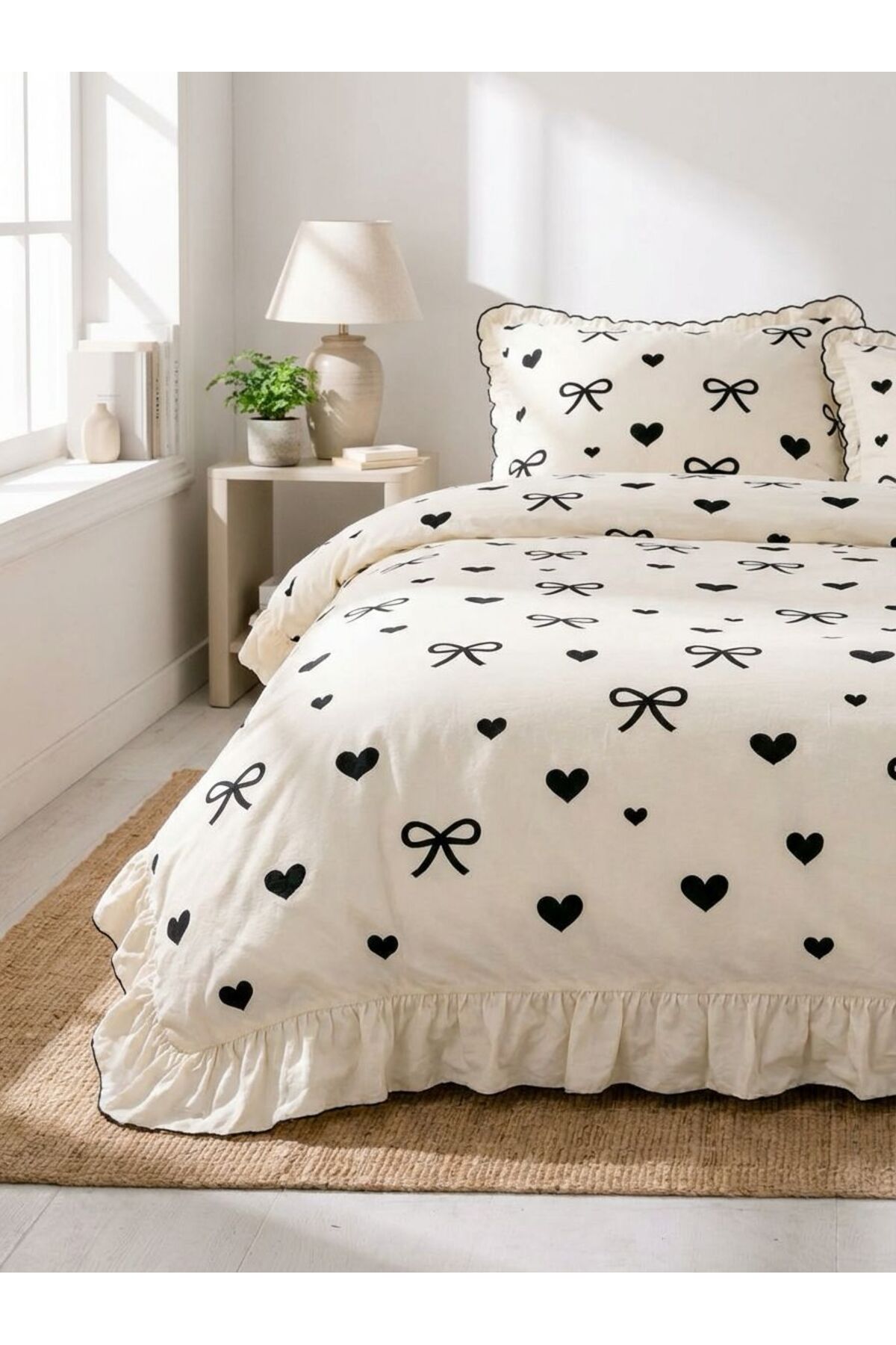 moon secret tekstil Fırfırlı Kalpli & Fiyonk Desenli Nevresim Takımı – %100 Pamuk, Şık ve Romantik Yatak Odası Takımı - Görsel 2