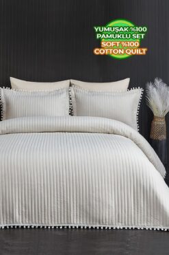 Evlen Home Collection %100 Pamuk Çift Kişilik Yatak Örtüsü Seti Kapitone Ponponlu Pike Takımı Dolgulu Kırık Beyaz