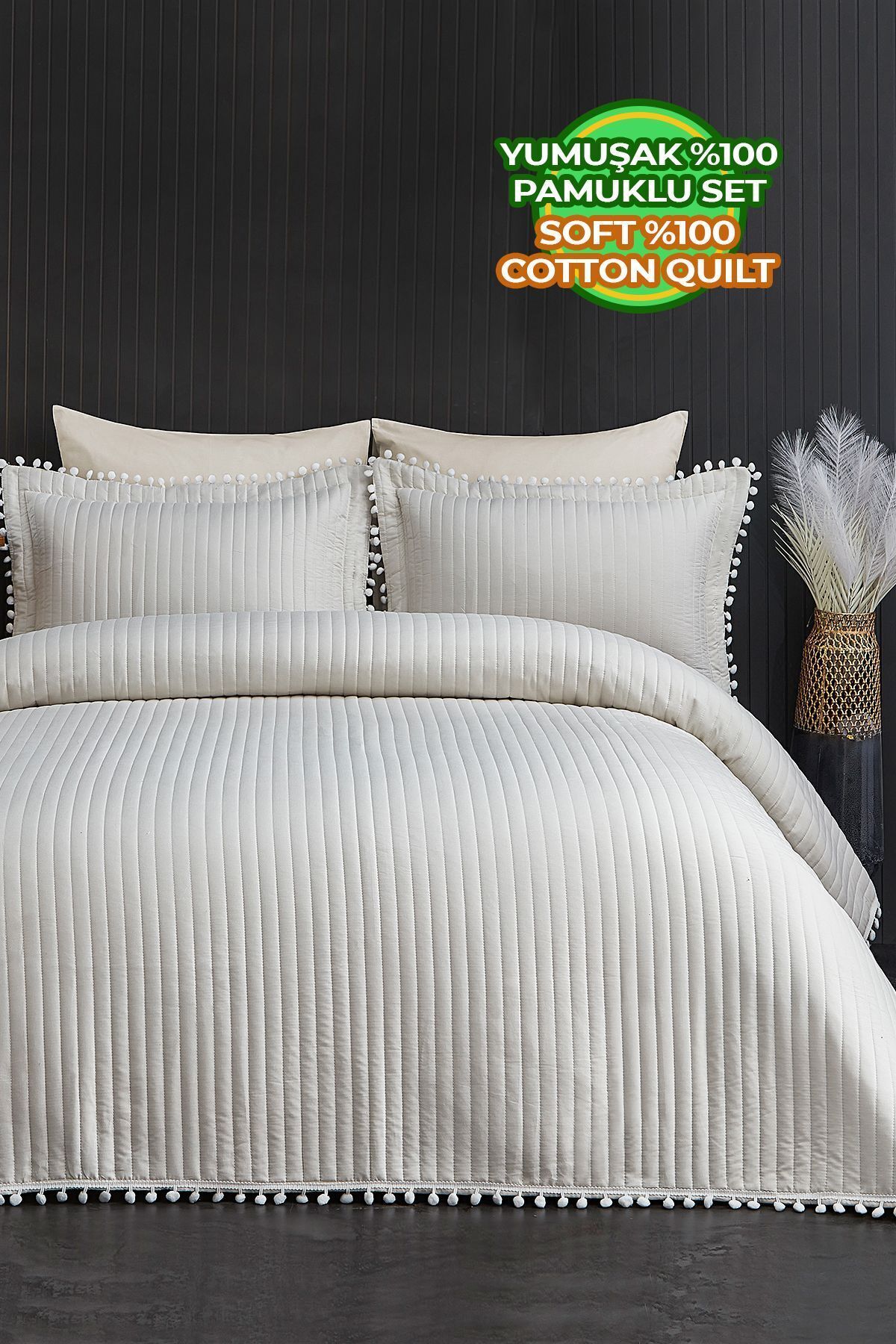 Evlen Home Collection %100 Pamuk Çift Kişilik Yatak Örtüsü Seti Kapitone Ponponlu Pike Takımı Dolgulu Kırık Beyaz