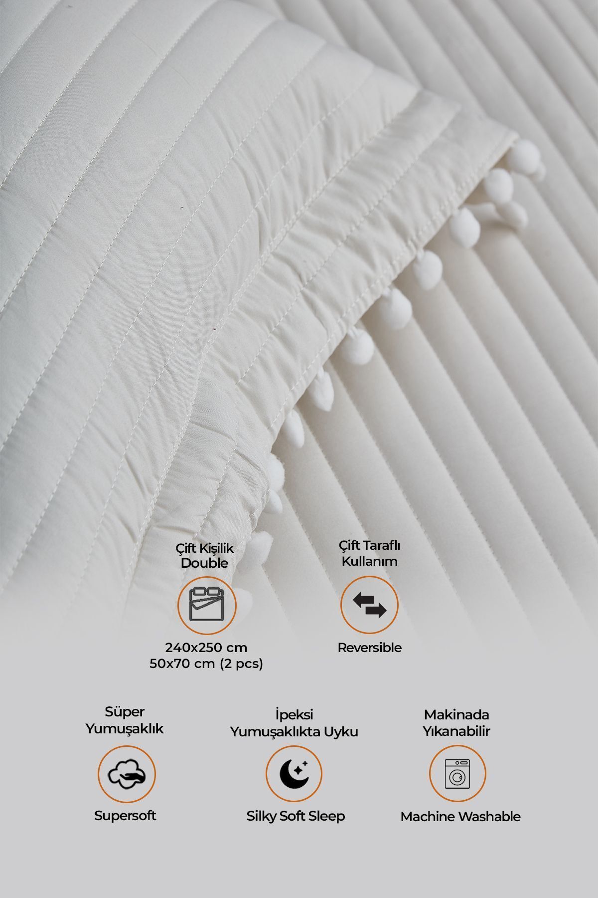 Evlen Home Collection %100 Pamuk Çift Kişilik Yatak Örtüsü Seti Kapitone Ponponlu Pike Takımı Dolgulu Kırık Beyaz - Görsel 2