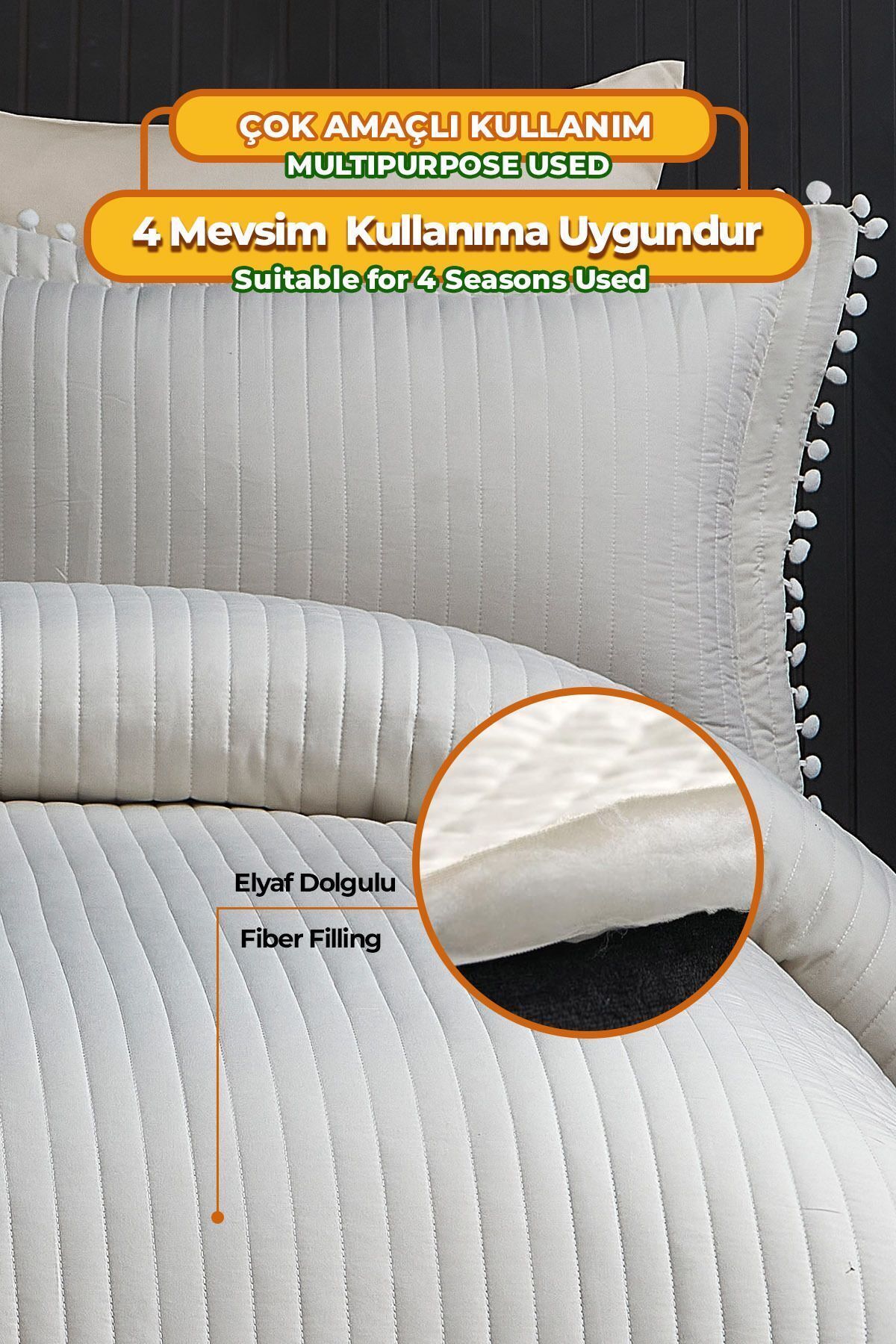 Evlen Home Collection %100 Pamuk Çift Kişilik Yatak Örtüsü Seti Kapitone Ponponlu Pike Takımı Dolgulu Kırık Beyaz - Görsel 3