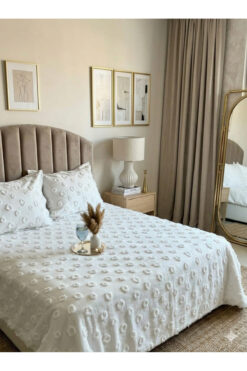 diabella Ponpon Desenli 3 Parça Çift Kişilik Yatak Örtüsü Krem