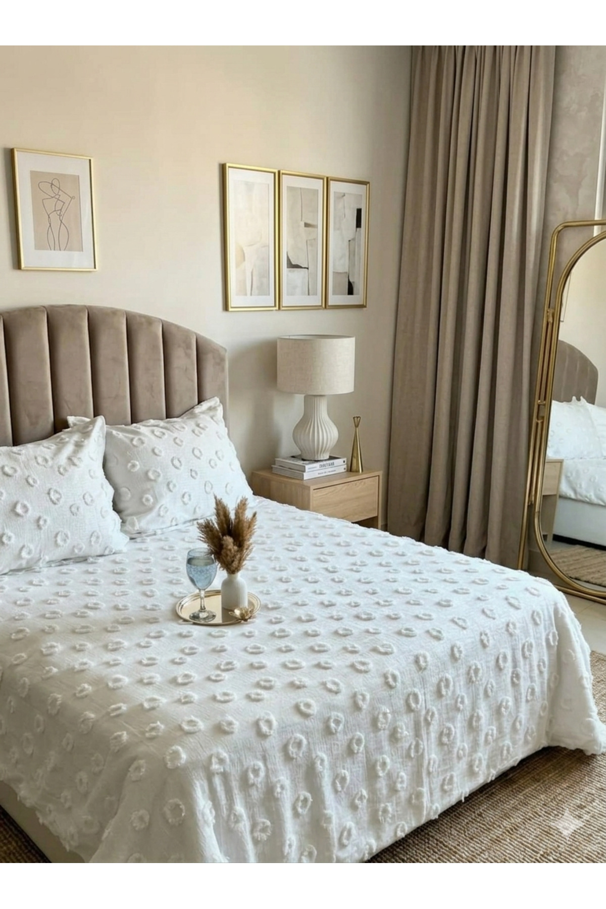 diabella Ponpon Desenli 3 Parça Çift Kişilik Yatak Örtüsü Krem