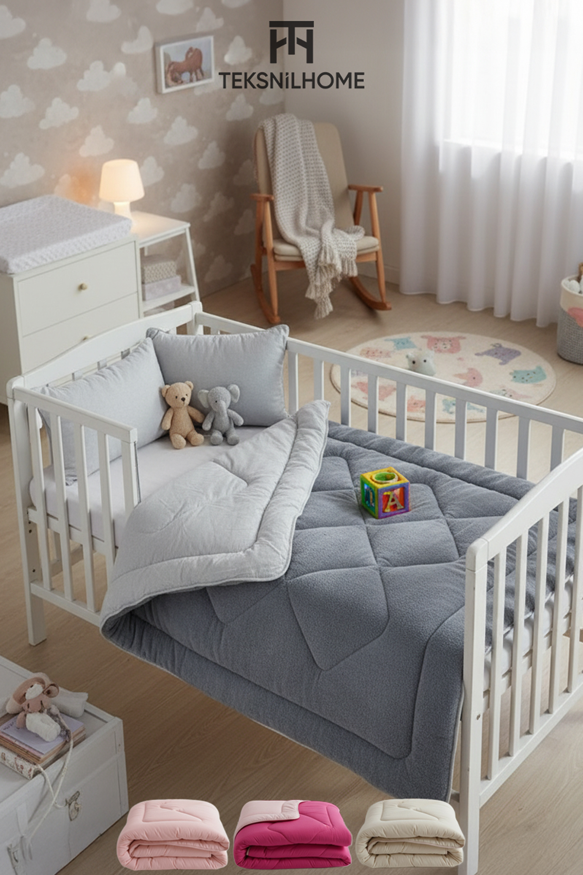 TeksNil Home Pamuklu Welsoft Bebek Yorganı 95x145 cm Gri Yumuşak Çift Taraflı Bebek Yorgan