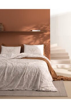 Madame Coco Etile Çift Kişilik %100 Pamuk Ranforce Baskılı Lastikli Nevresim Takımı - Bej