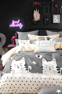 İQON Lastikli Çarşaflı Nevresim Takımı Tek Kişilik Sevimli Kediler Gri