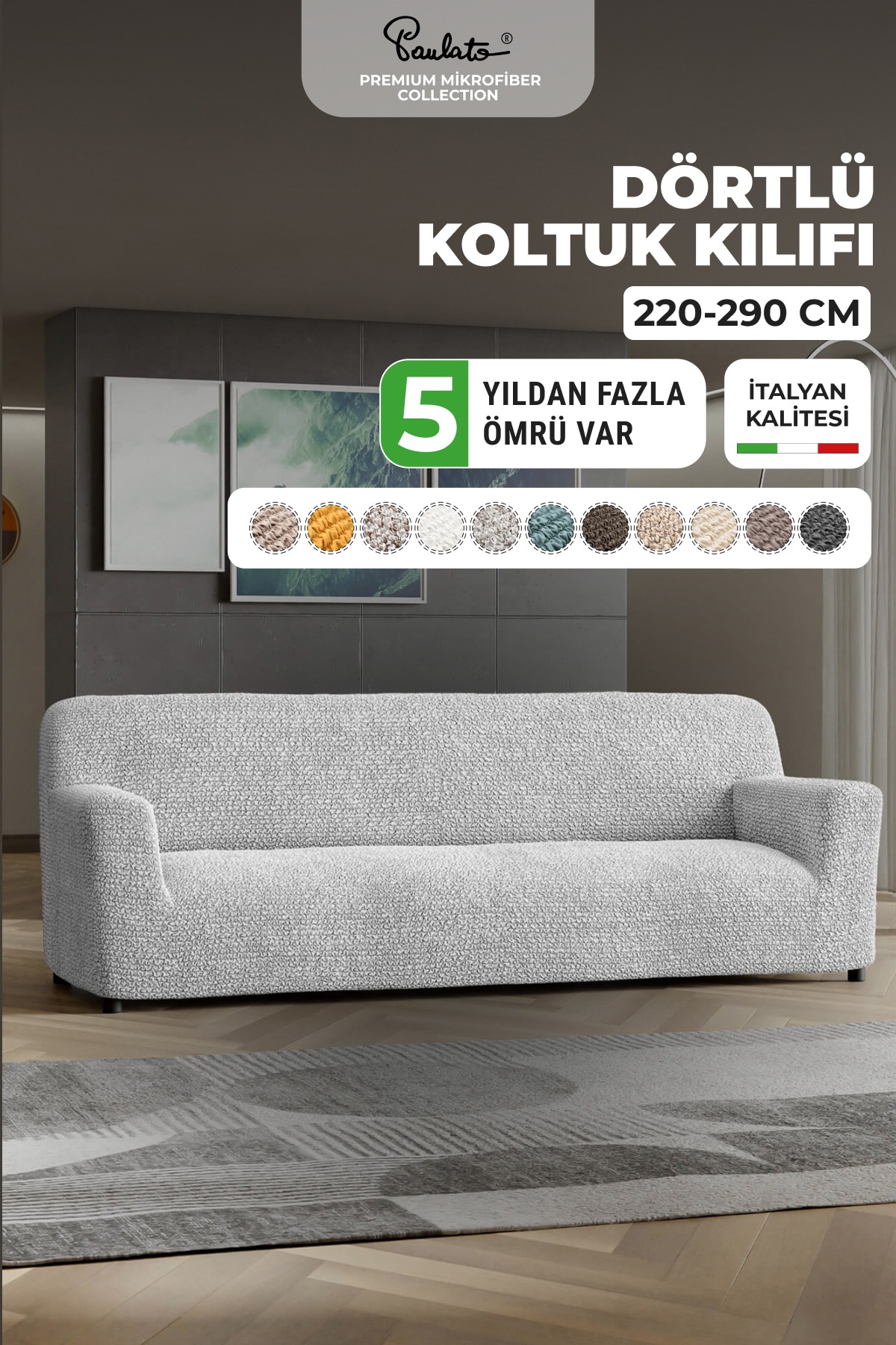 Paulato Lastikli Esnek ve Yıkanabilir 4 Kişilik Koltuk Örtüsü Çekyat Kanepe Kılıfı - Açık gri