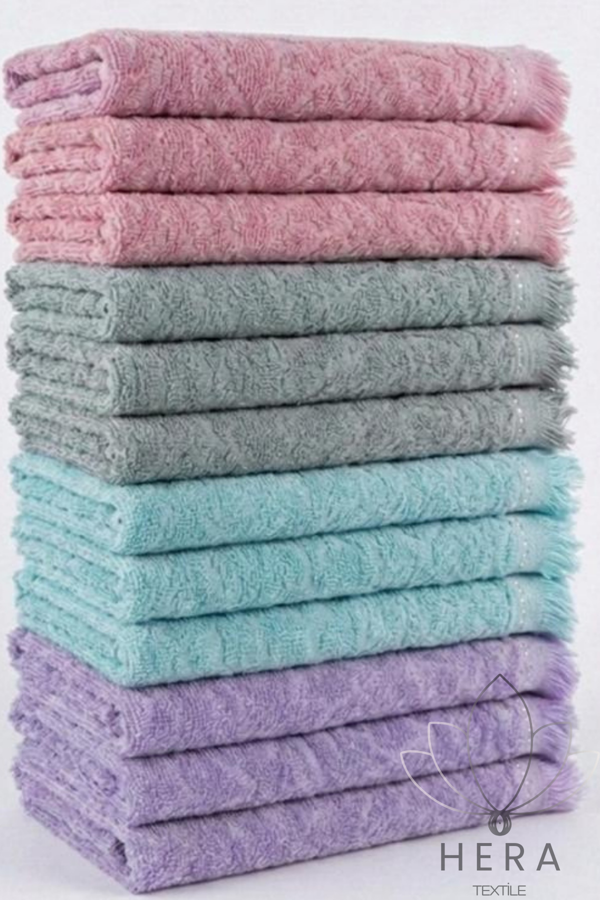 HERA 12’li 3 ADET MOR-3 ADET TURKUAZ-3 ADET GRİ-3ADET GÜLKURUSU 30X50 CM PAMUKLU MUTFAK HAVLUSU