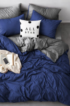 Always Çarşafı Lastikli Çift Taraflı Çift Kişilik Nevresim Takımı Lacivert-Gri