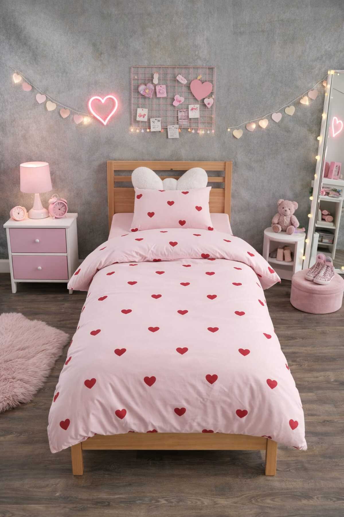 vanillasoft Vanilla Kalpli Pembe Tek Kişilik Nevresim Takımı| Kalpli Çarşaf Dahil - Görsel 2