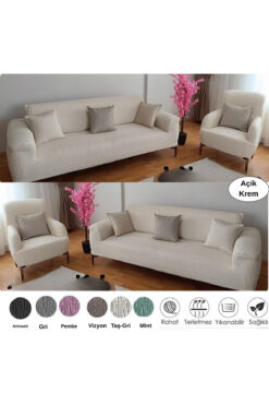 etleshome Jakarlı 3 3 1 1 Krem Rengi Lastikli Koltuk Örtüsü Kanepe Çekyat Örtüsü Koltuk Kılıfı Takımı