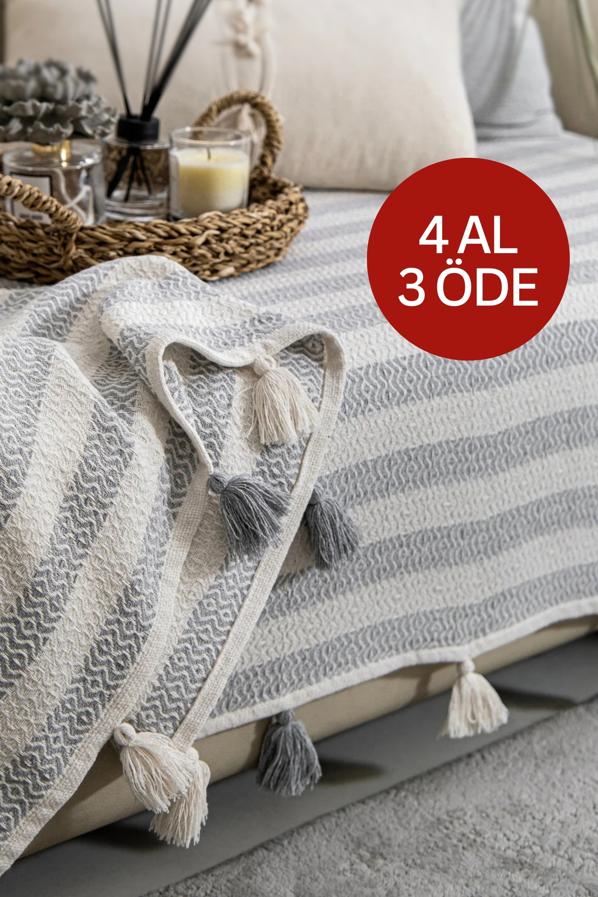 Lux Touch Liva Ponponlu Gri Koltuk Örtüsü 115 x 200 cm Kanepe Divan Çekyat Berjer Örtüsü Şalı Püsküllü