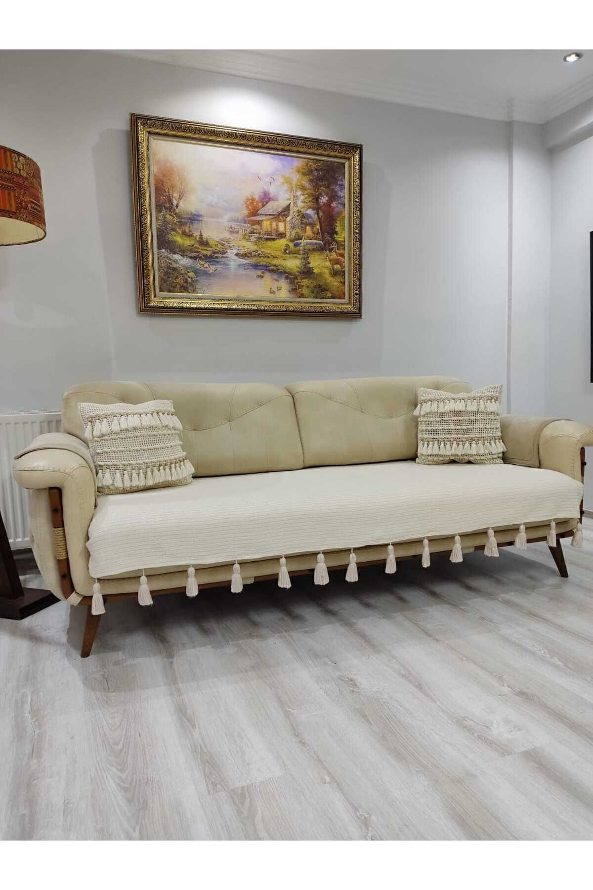 PETEKHOME Püsküllü Koltuk Örtüsü Krem (1 ADET 90X210) Yanlizca Oturma Alanına Ortudur