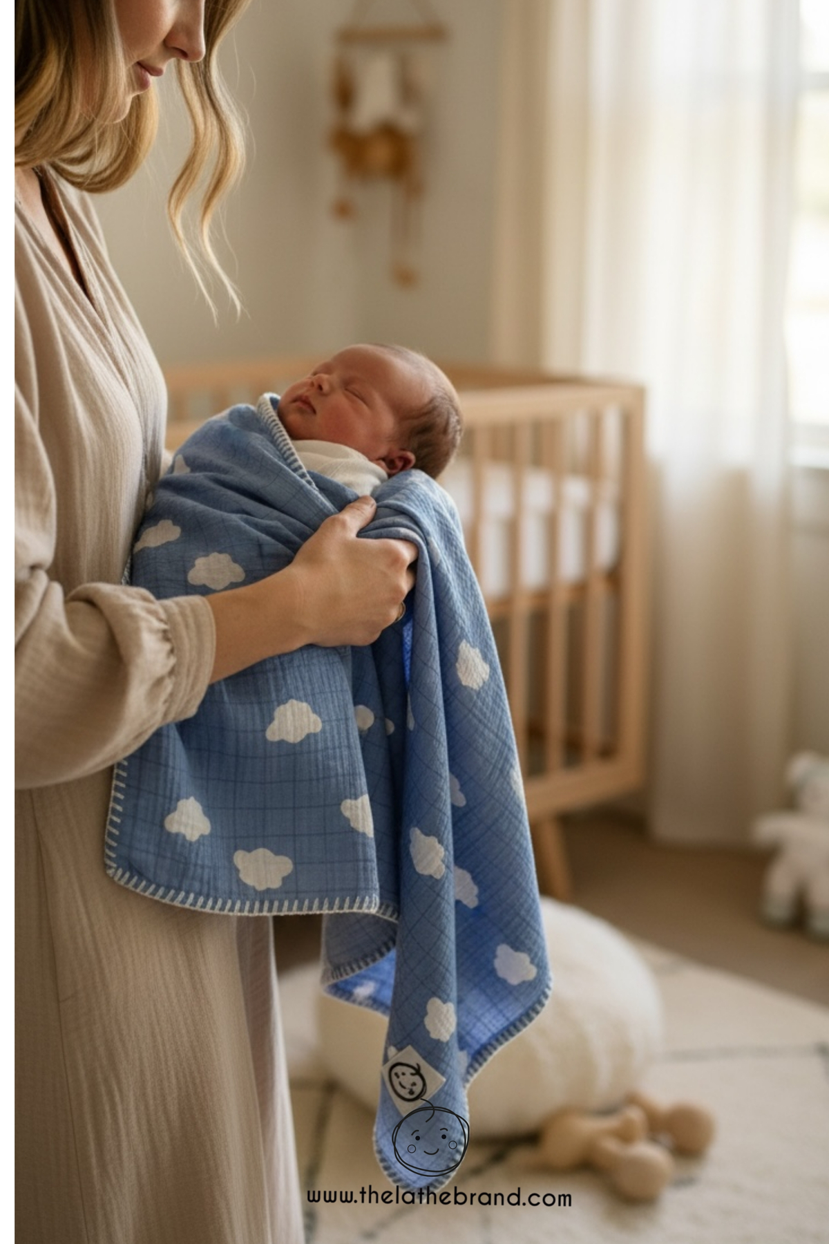 THELAKIDS Bulut Desen Çoban Dikiş Detaylı Çift Kat Müslin Bebek Örtüsü - Görsel 2