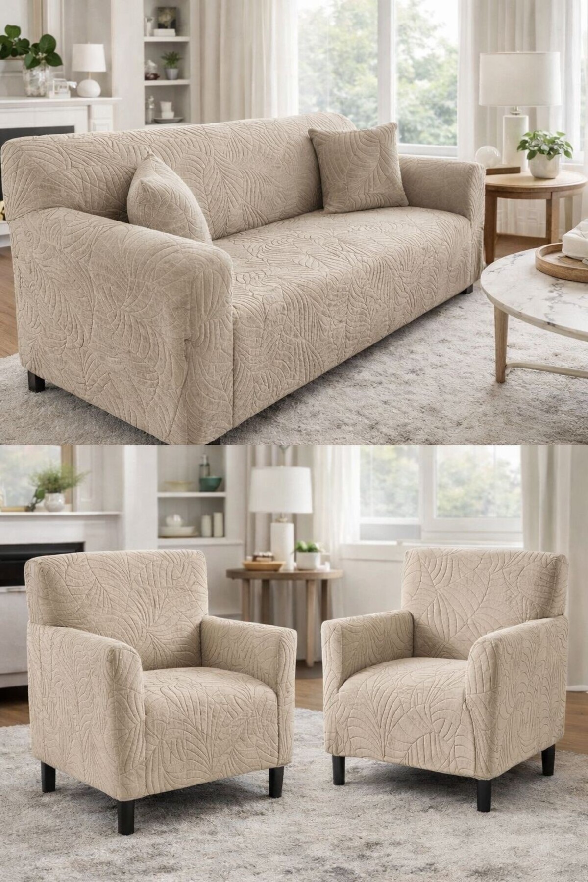 beyvetçe Jakarlı YAPRAK 3 3 1 1 vizon Lastikli Kanepe Örtüsü | Lastikli Koltuk Örtüsü | koltuk kılıfı Takımı