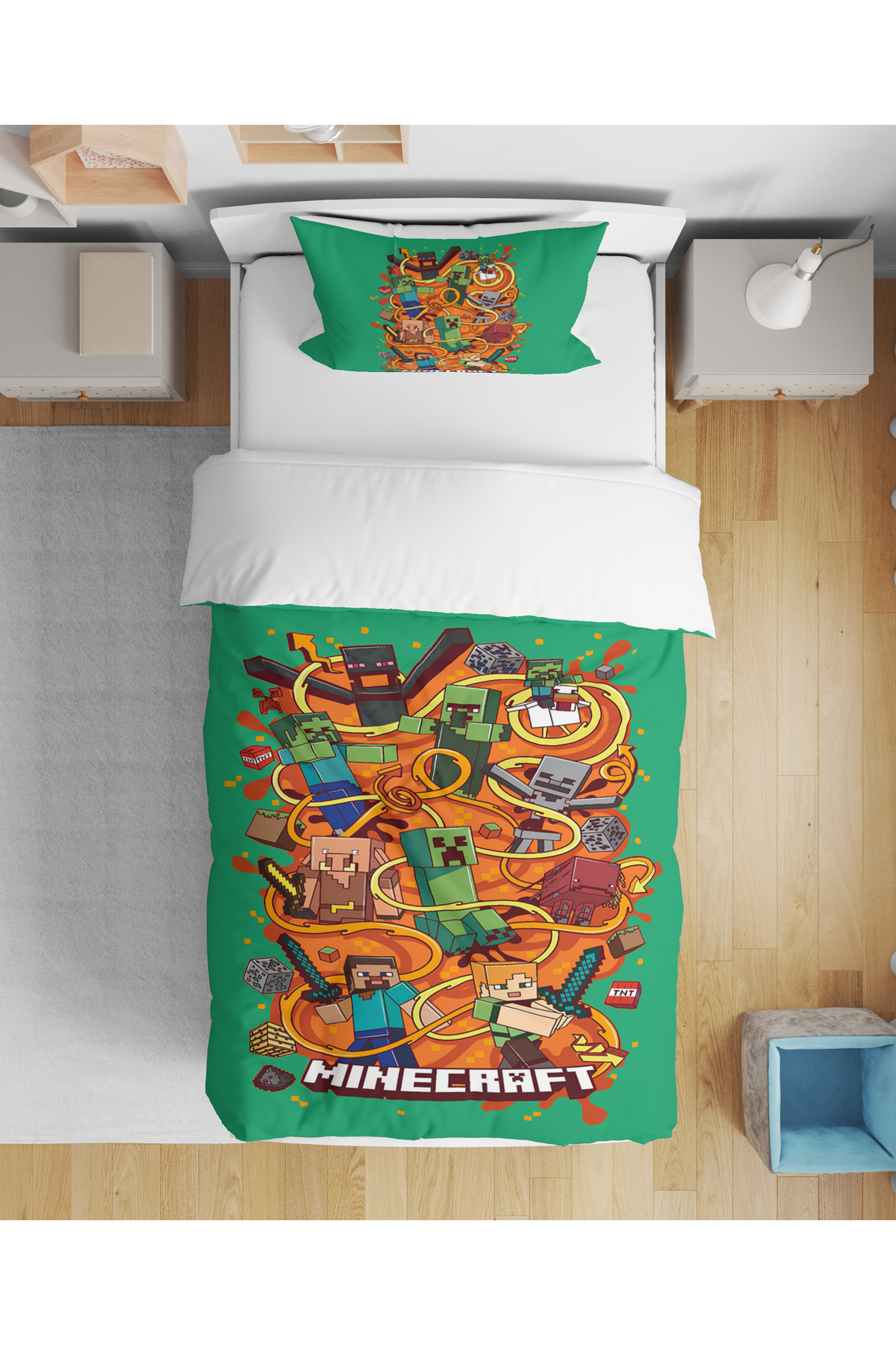Home Minecraft Desenli 3D Dijital Baskılı Tek Kişilik Çarşafsız Çocuk Nevresim Takımı Uyku Seti