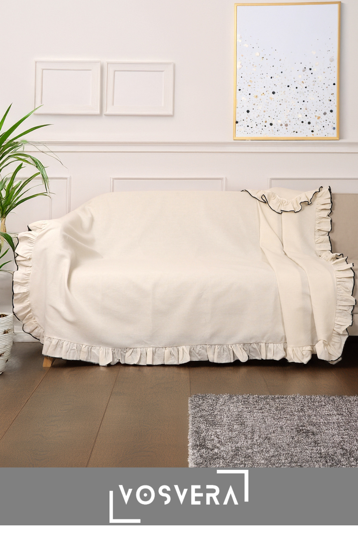 vosvera Fırfırlı Keten Pamuklu Koltuk Örtüsü Tek Biyeli Sedir 180 x 220 cm