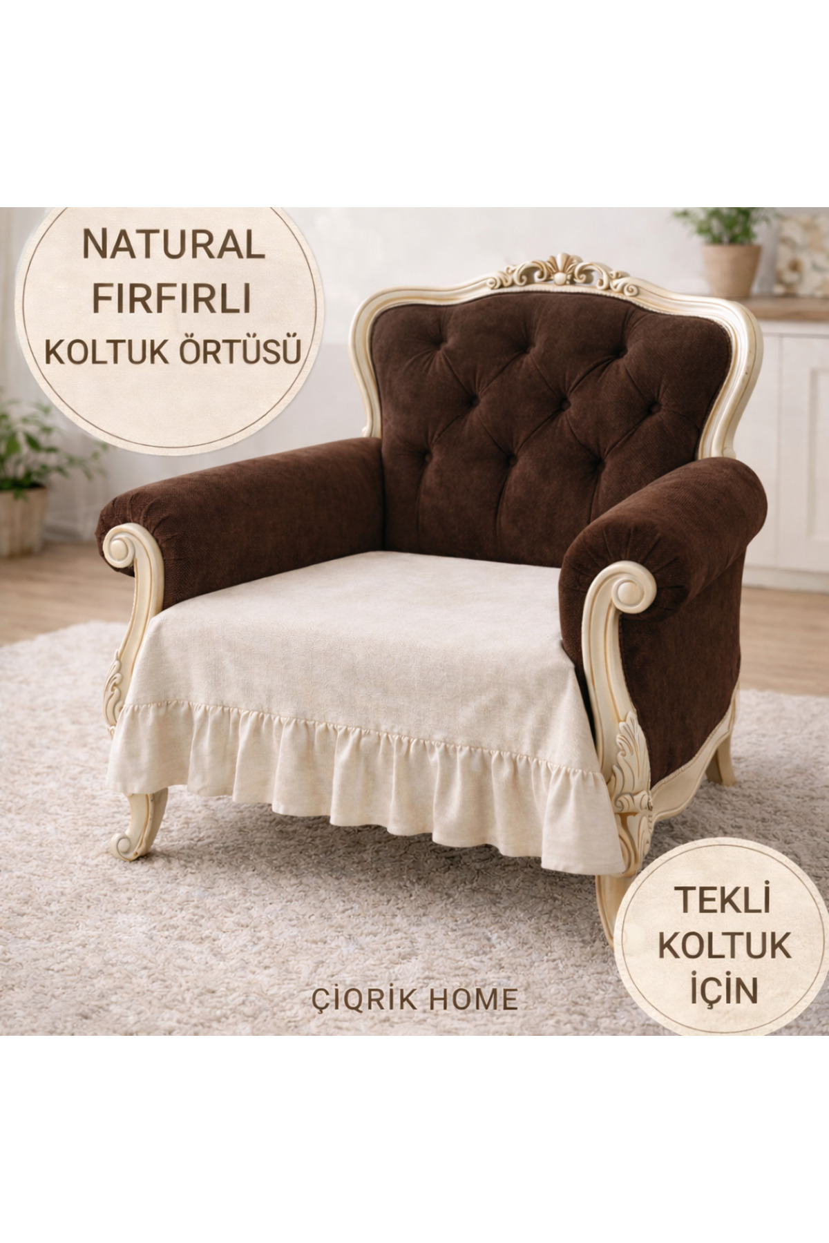 ÇIQRIK HOME Tekli Koltuk Pamuk Keten Fırfırlı Koltuk Örtüsü Kaymaz, Yıkanabilir, Modern Şık Tasarım