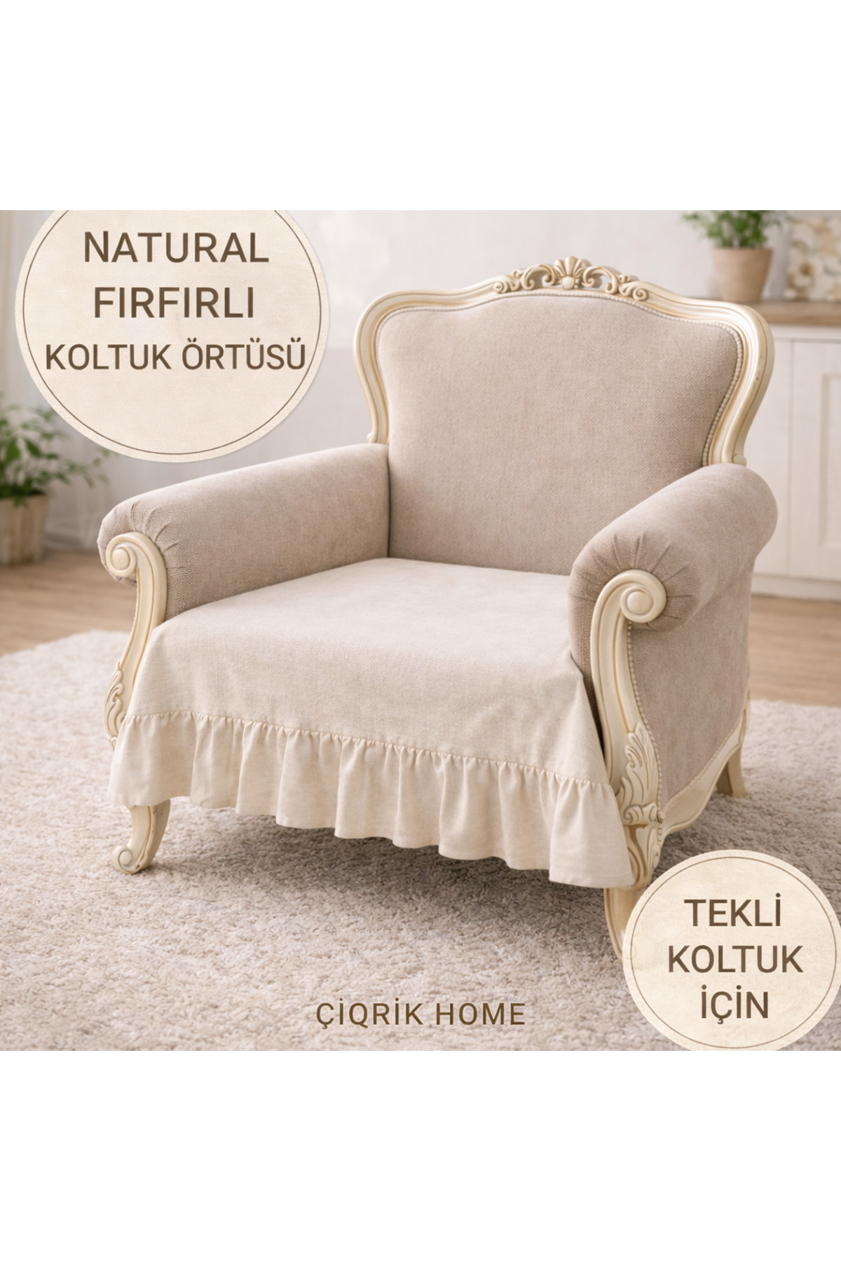ÇIQRIK HOME Tekli Koltuk Pamuk Keten Fırfırlı Koltuk Örtüsü Kaymaz, Yıkanabilir, Modern Şık Tasarım - Görsel 2