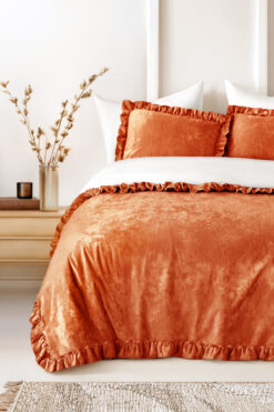 HAMUR Crush Hare Efektli Çift Kişilik Yatak Örtüsü Seti 2 Yastık Kılıfı Fırfırlı Saten Parlaklığı Kiremit