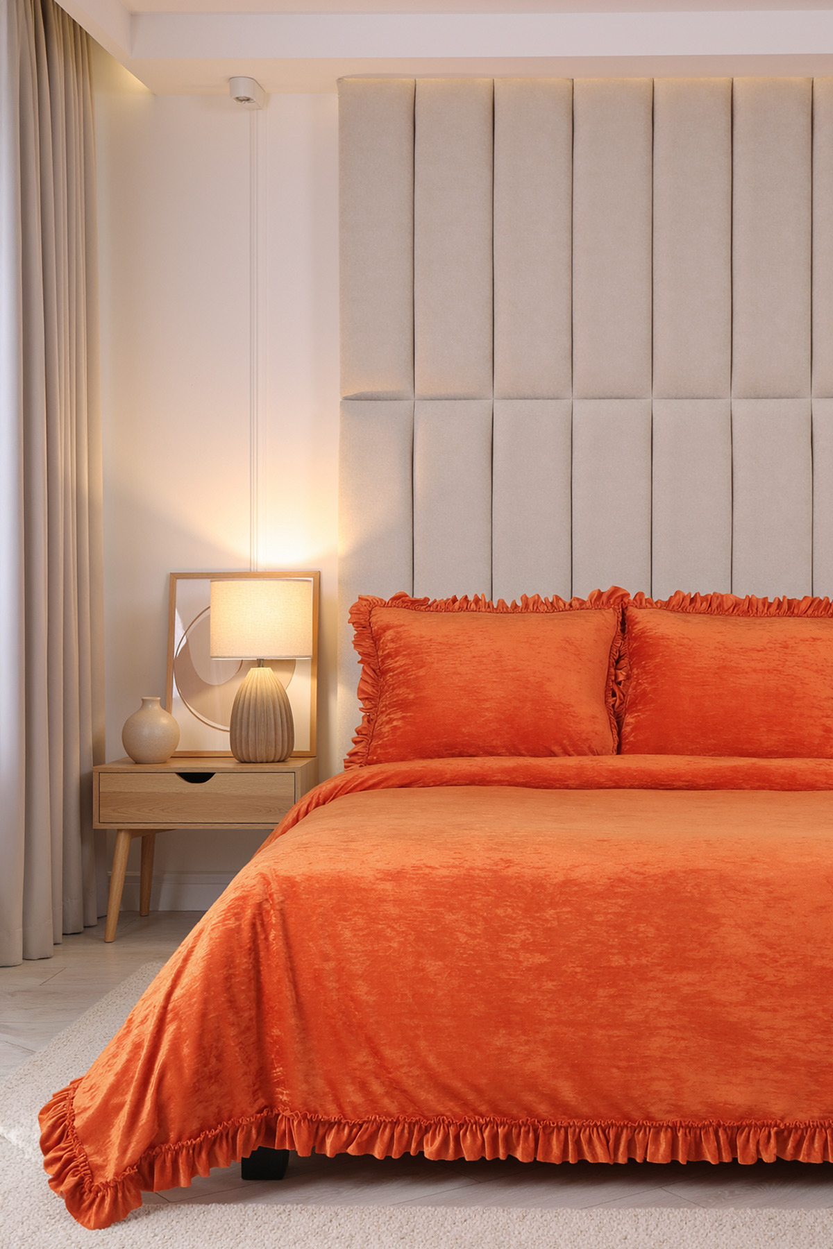 HAMUR Crush Hare Efektli Çift Kişilik Yatak Örtüsü Seti 2 Yastık Kılıfı Fırfırlı Saten Parlaklığı Kiremit - Görsel 2