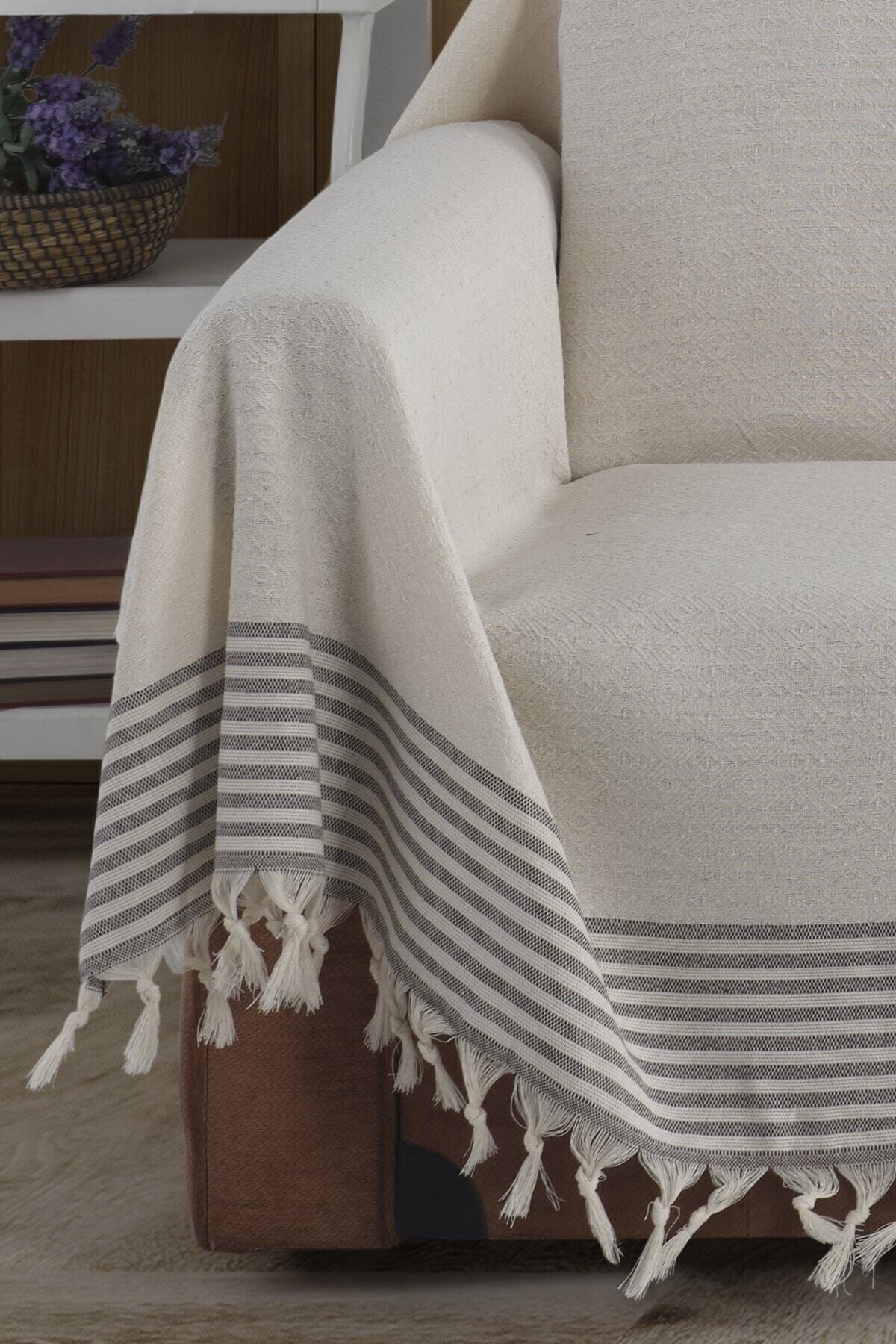 Lux Touch Ekru Kolları Örten Organik Buldan Bezi Battal Boy Bergama 180 X 300 Cm Koltuk Kanepe Çekyat Örtüsü - Görsel 3