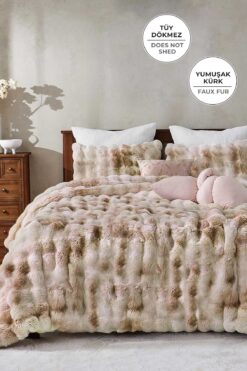 Evlen Home Collection Kürk Yatak Örtüsü Çift Kişilik Dolgulu Peluş Yumuşak Tavşan Tüyü Yorgan 3 Parça Paye Krem Bej