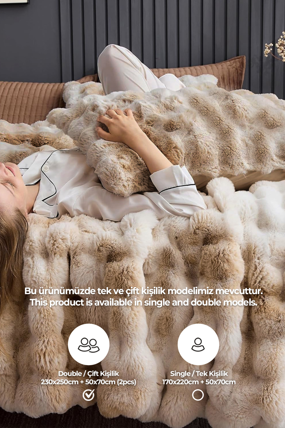 Evlen Home Collection Kürk Yatak Örtüsü Çift Kişilik Dolgulu Peluş Yumuşak Tavşan Tüyü Yorgan 3 Parça Paye Krem Bej - Görsel 2