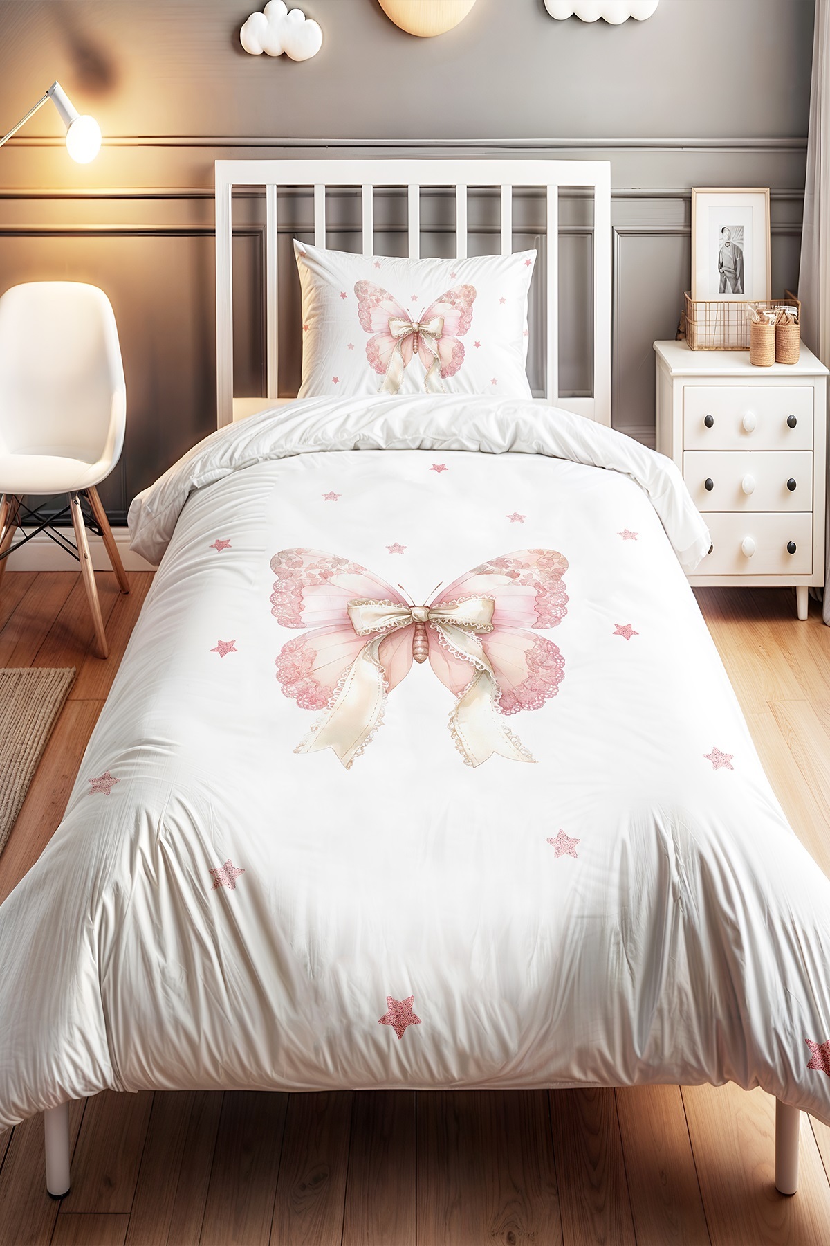 EVPANYA Yıldızlı Fiyonk Detaylı Kelebek Desenli Tek Kişilik Bebek Çocuk Nevresim Seti