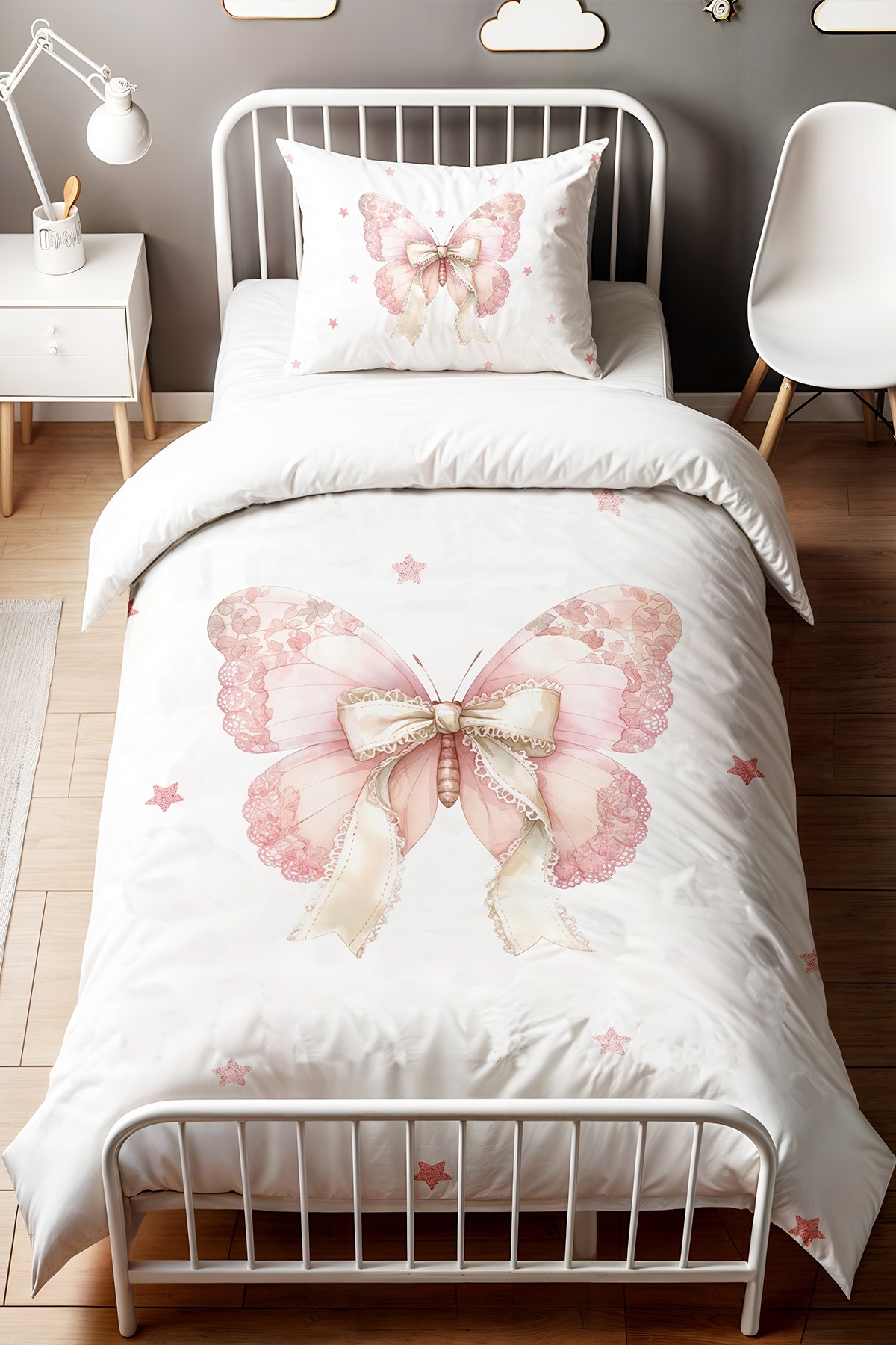 EVPANYA Yıldızlı Fiyonk Detaylı Kelebek Desenli Tek Kişilik Bebek Çocuk Nevresim Seti - Görsel 2