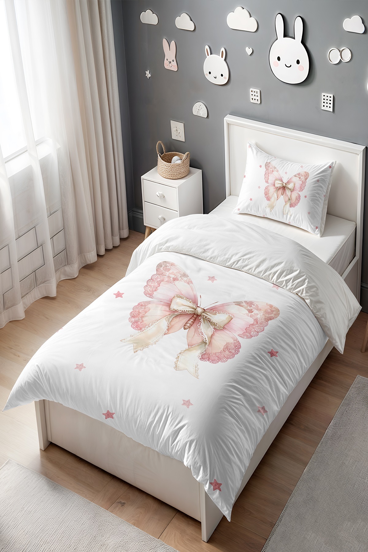 EVPANYA Yıldızlı Fiyonk Detaylı Kelebek Desenli Tek Kişilik Bebek Çocuk Nevresim Seti - Görsel 3