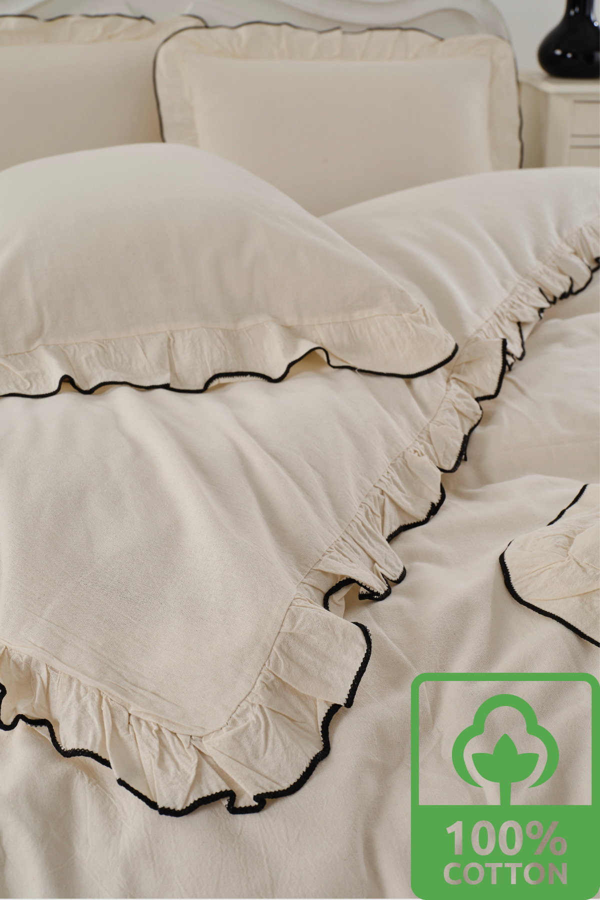 WEXSA %100 Pamuk Doğal Natural Boyasız Çift Kişilik Fırfırlı Nevresim Seti - Görsel 2