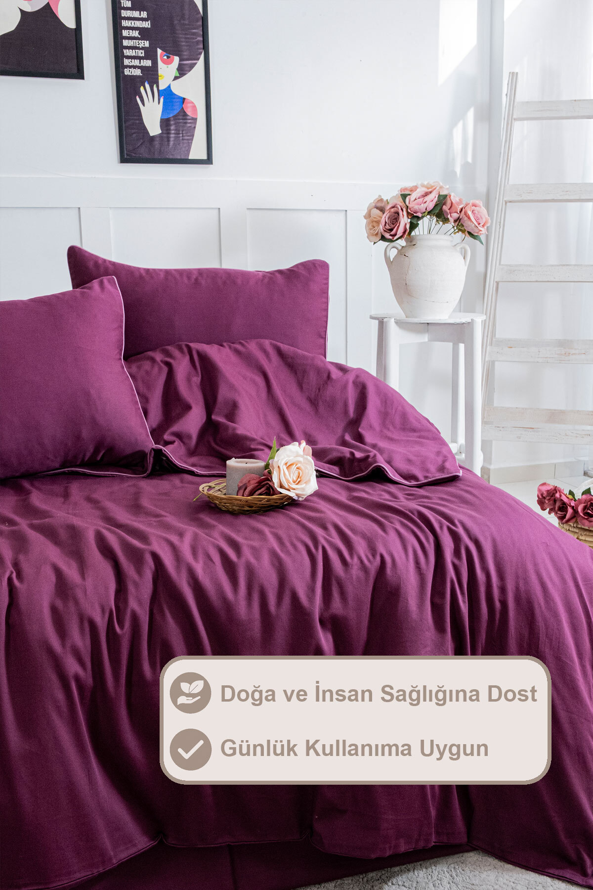 Elart Stark Nevresim Takımı Çift Kişilik %100 Pamuk Saten Biyeli (200x220 cm) Mürdüm - Görsel 2