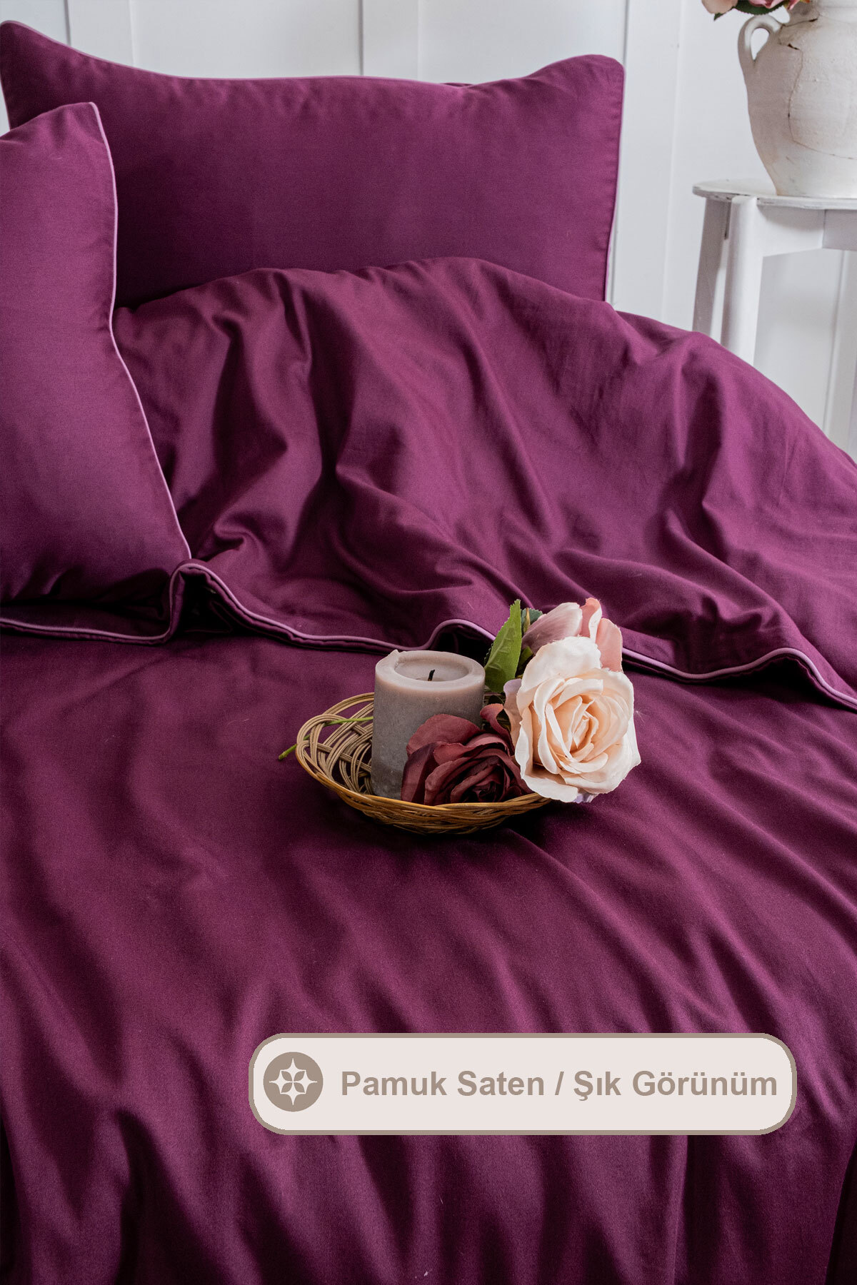 Elart Stark Nevresim Takımı Çift Kişilik %100 Pamuk Saten Biyeli (200x220 cm) Mürdüm - Görsel 3