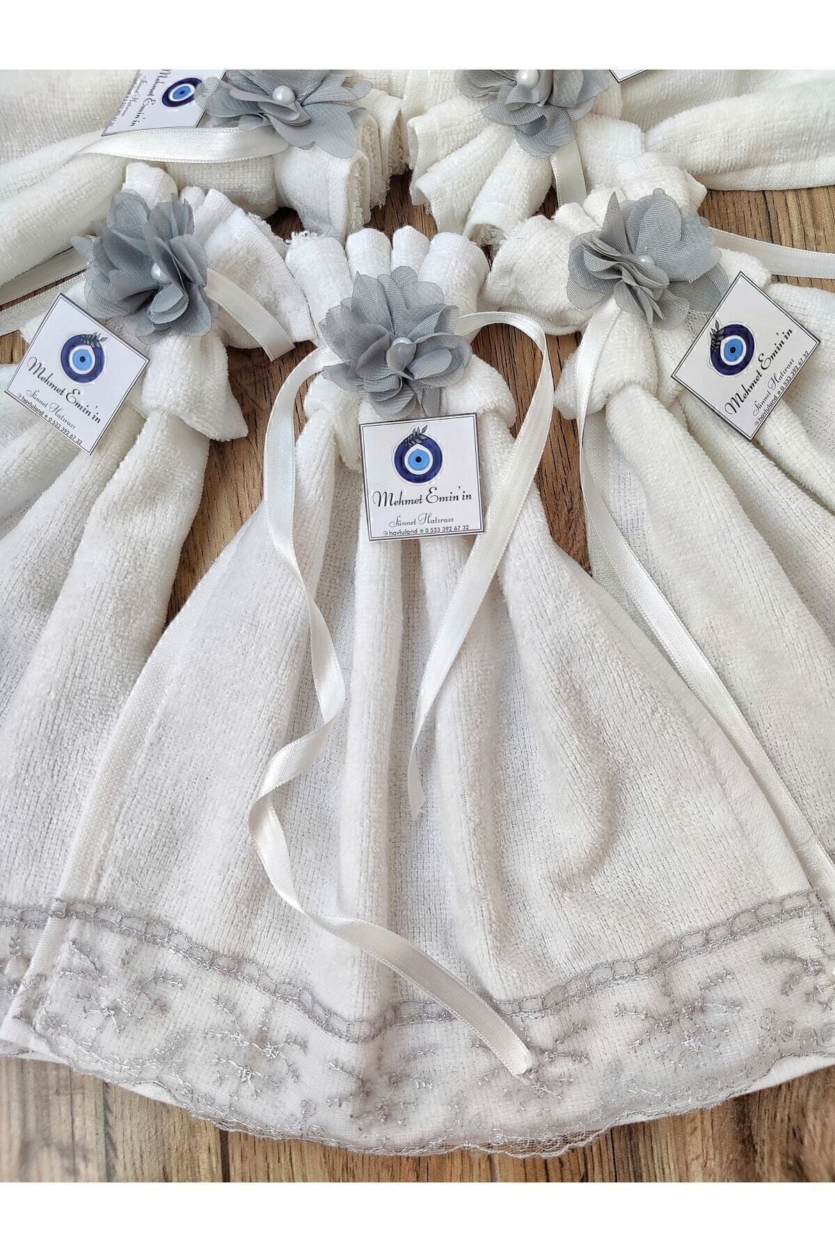 havlu dünyası 12'li Hediyelik/sünnet/düğün/ Konvoy/araba Mutfak Havlusu Süslü Ekru Renk Gri Dantelli (30×50 CM)