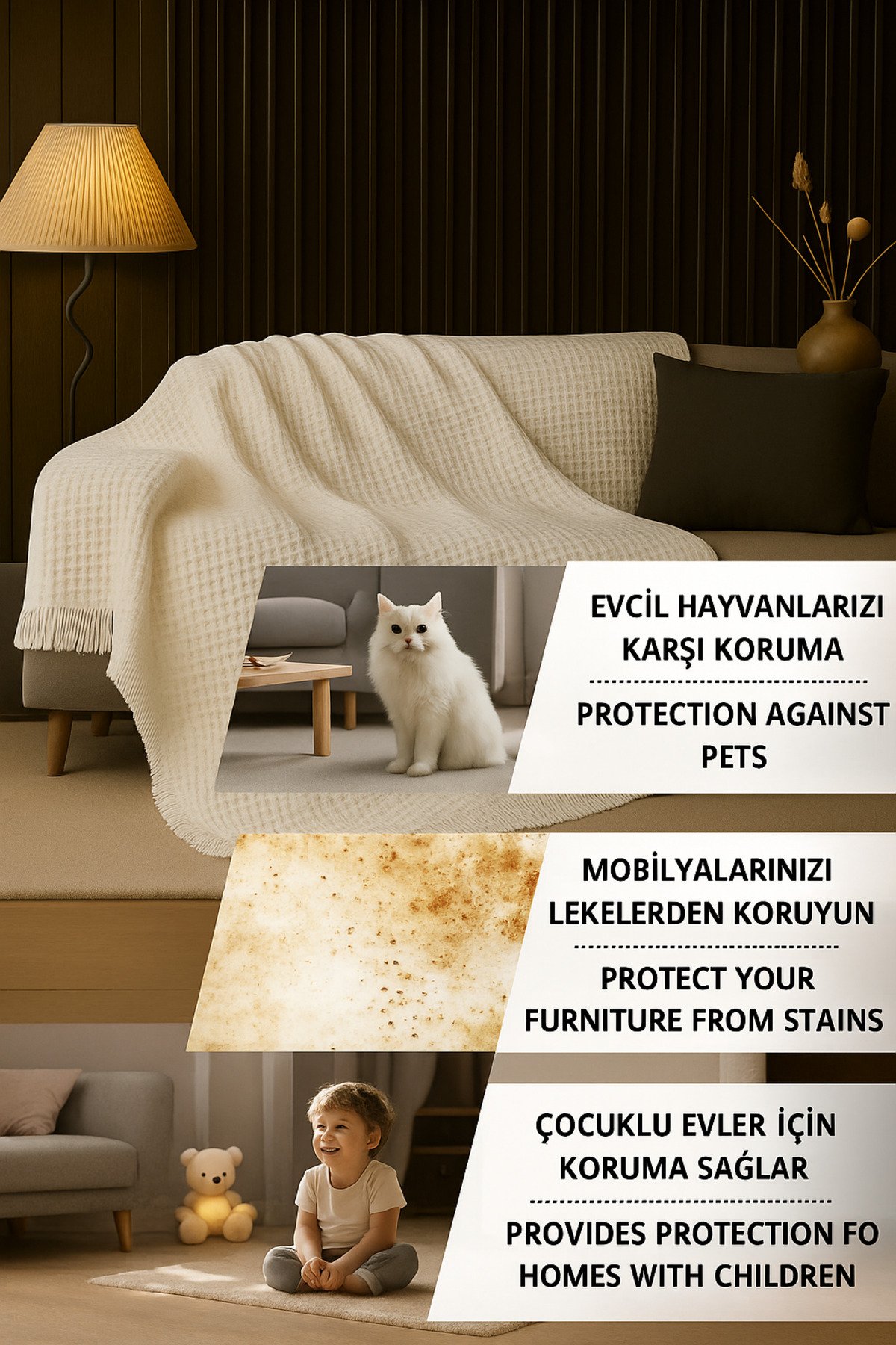 rellhome Pamuklu Dokulu Koltuk Şalı 170x350 cm Battal Boy – Saçaklı TV Battaniyesi & Dekoratif Koltuk Örtüsü - Görsel 3