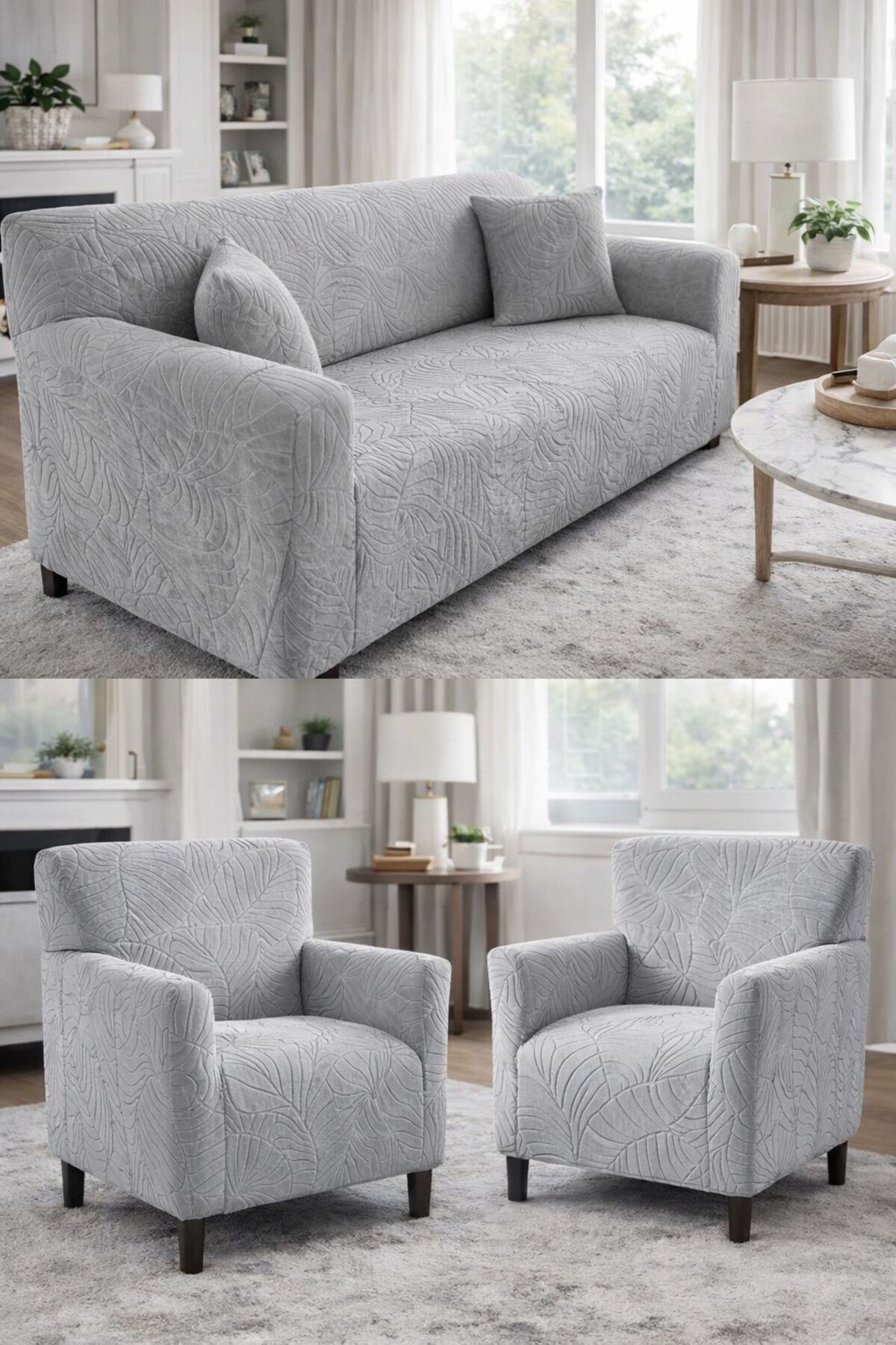 beyvetçe Jakarlı YAPRAK 33 11 açık gri Lastikli Kanepe Örtüsü | Lastikli Koltuk Örtüsü | koltuk kılıfı Takımı