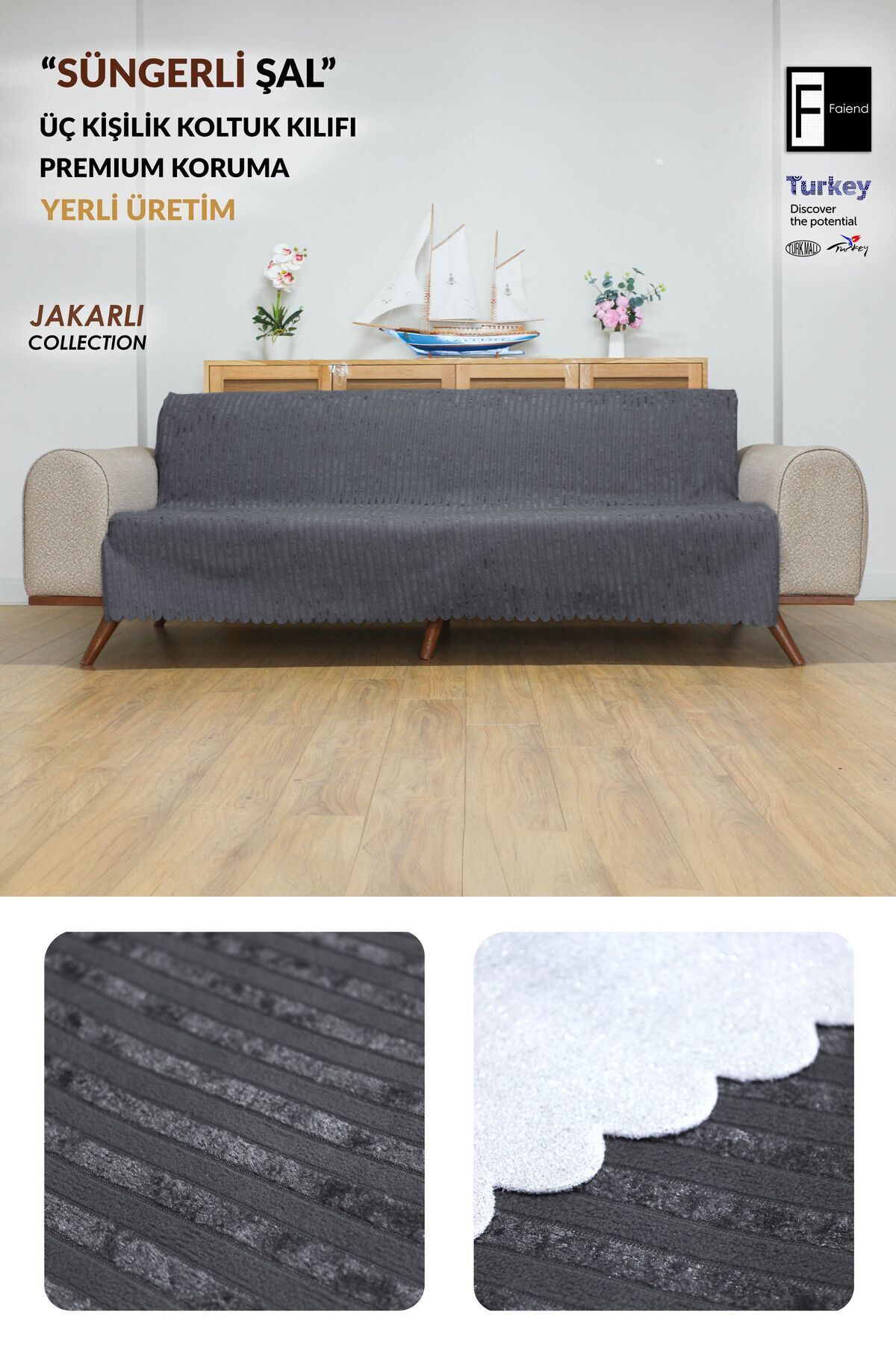 coverbox Kaymaz Taban Süngerli Kadife Koltuk - Çekyat Örtüsü 170x210 ANTRASİT RENGİ - Görsel 2