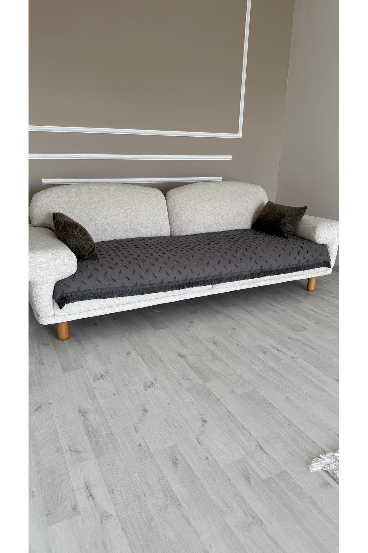 DİLETTO Bohem Püsküllü Çizgili Oturma Yerini Kapatan Koltuk Örtüsü Gri 90 X 200