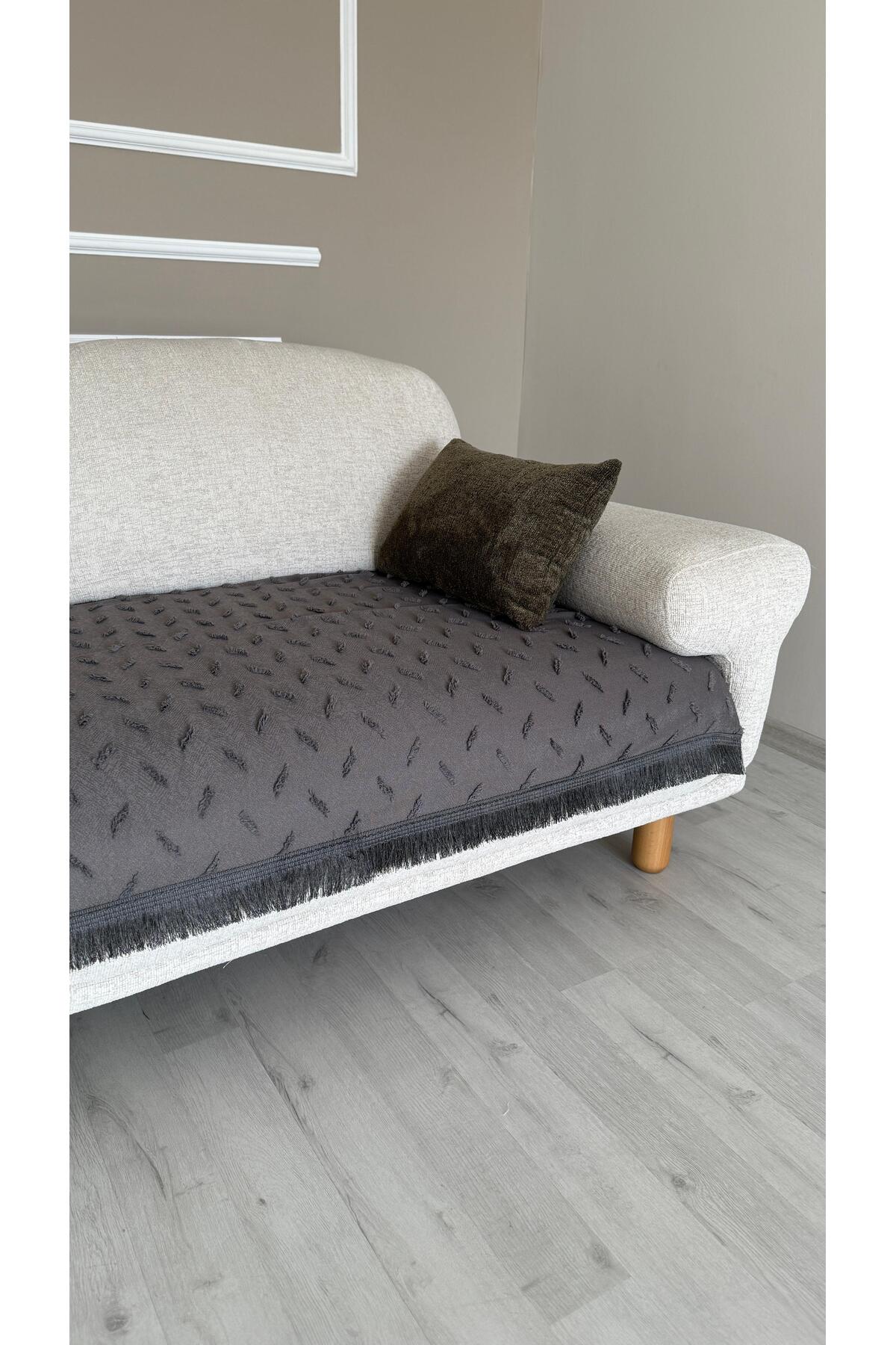 DİLETTO Bohem Püsküllü Çizgili Oturma Yerini Kapatan Koltuk Örtüsü Gri 90 X 200 - Görsel 2