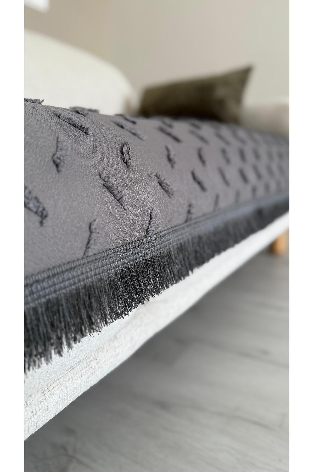 DİLETTO Bohem Püsküllü Çizgili Oturma Yerini Kapatan Koltuk Örtüsü Gri 90 X 200 - Görsel 3