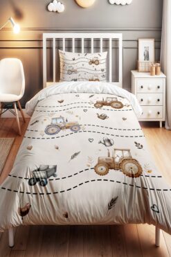 EVPANYA Kahverengi Traktör Desenli Tek Kişilik Bebek Çocuk Nevresim Seti