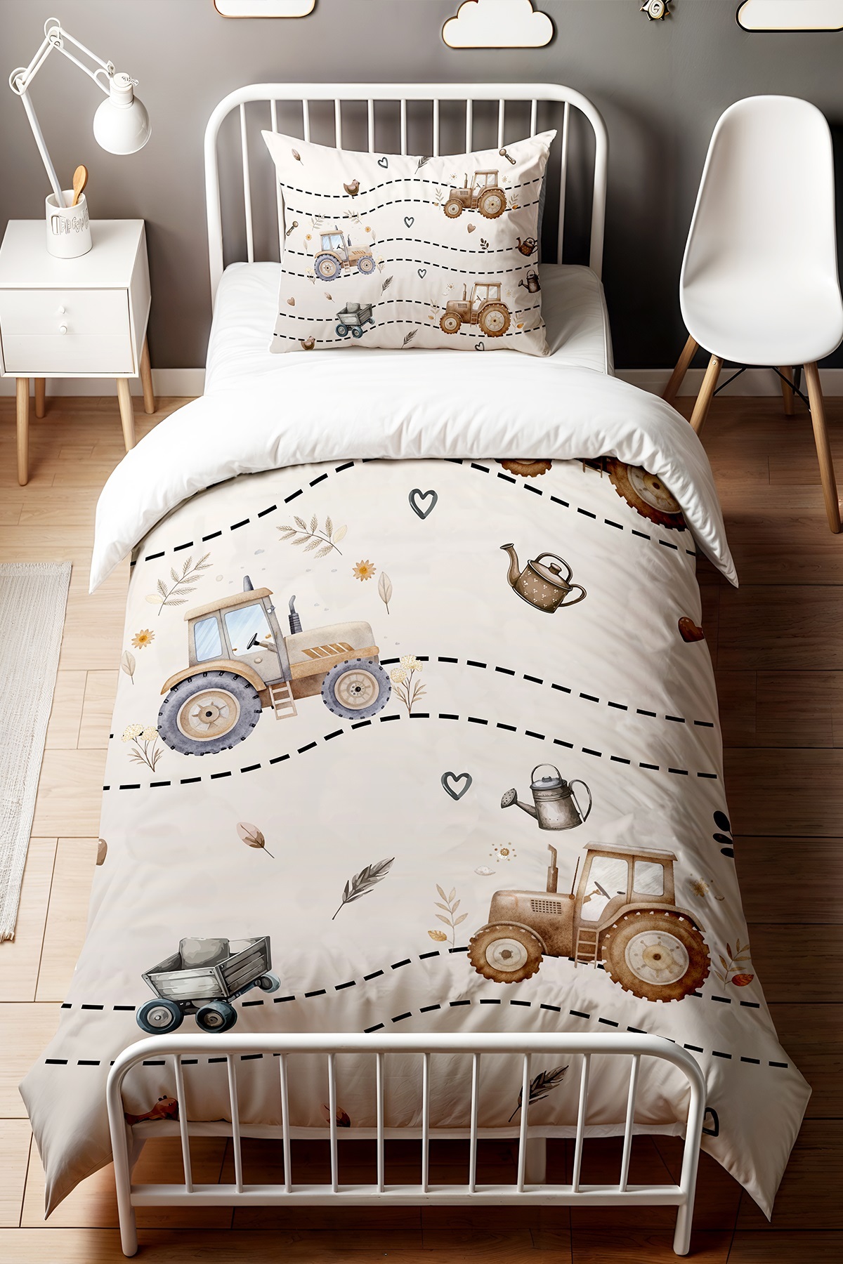 EVPANYA Kahverengi Traktör Desenli Tek Kişilik Bebek Çocuk Nevresim Seti - Görsel 2