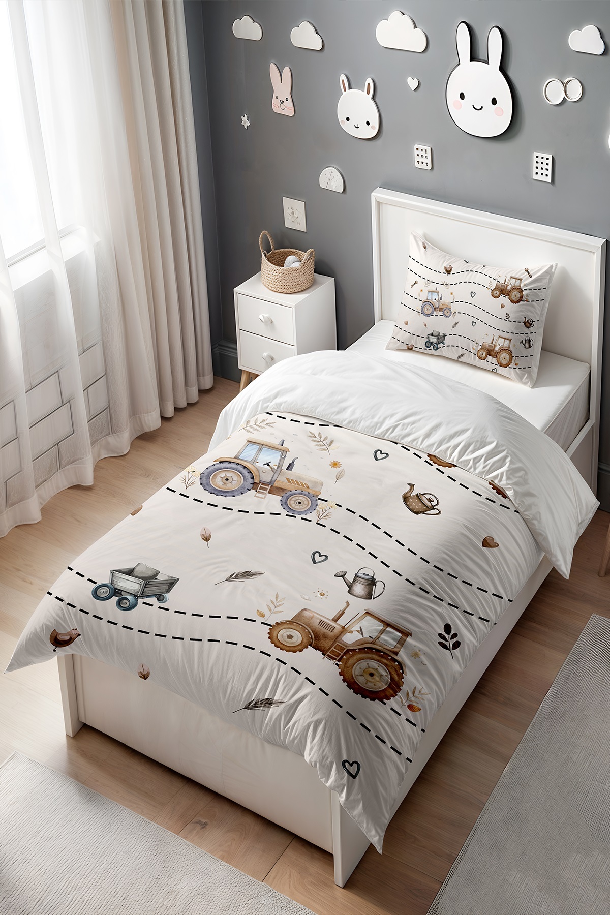 EVPANYA Kahverengi Traktör Desenli Tek Kişilik Bebek Çocuk Nevresim Seti - Görsel 3