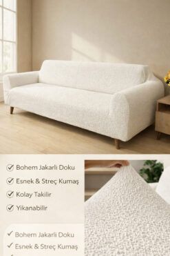 riselerhome Yumuşacık Yıkanabilir Tüy Leke Tutmayan 3 Kişilik Lastikli Bohem Jakarli Koltuk Örtüsü