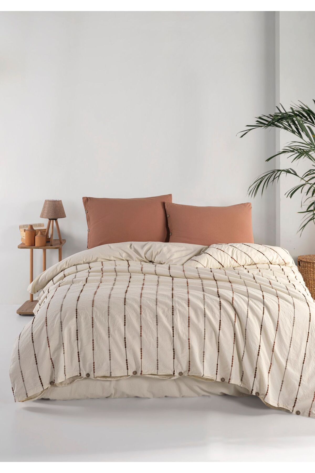 Macas Home Iris Mocca %100 Pamuklu Yıkamalı İpliği Boya Vintage Çift Kişilik Nevresim Takım 200*220