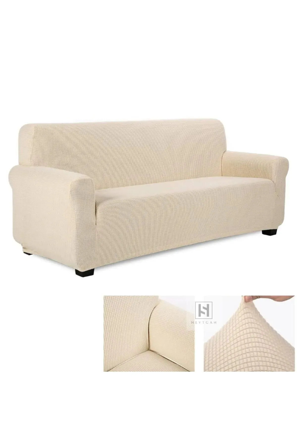 UYUMEV BAMBU 3 KİŞİLİK PİTİKARE LİKRALI KOLTUK ÖRTÜSÜ. STREÇ LASTİKLİ ÇEKYAT KANEPE ÖRTÜSÜ. 1 ADET. KREM - Görsel 2