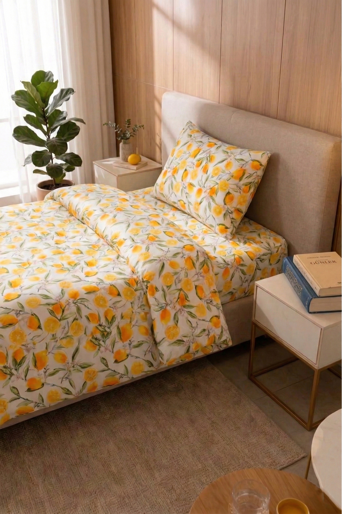 Magnolia Limon Desenli Tek Kişilik Nevresim Takımı | Sarı-Beyaz, Pamuklu, Yumuşak Doku - Çarşaflı - Görsel 3