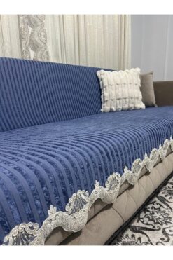 Genel Markalar Danteli Bambu Çizgili Süngerli Kadife Kaymaz Çekyat Koltuk Örtüsü (Lacivert)