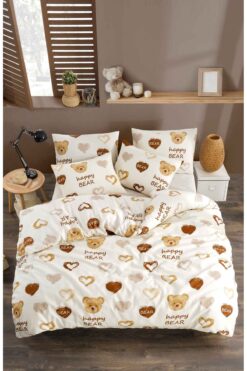 Tabu Home Ranforce Ayıcıklı Kalpli Çarşafı Lastikli Çift Kişilik Nevresim Takımı